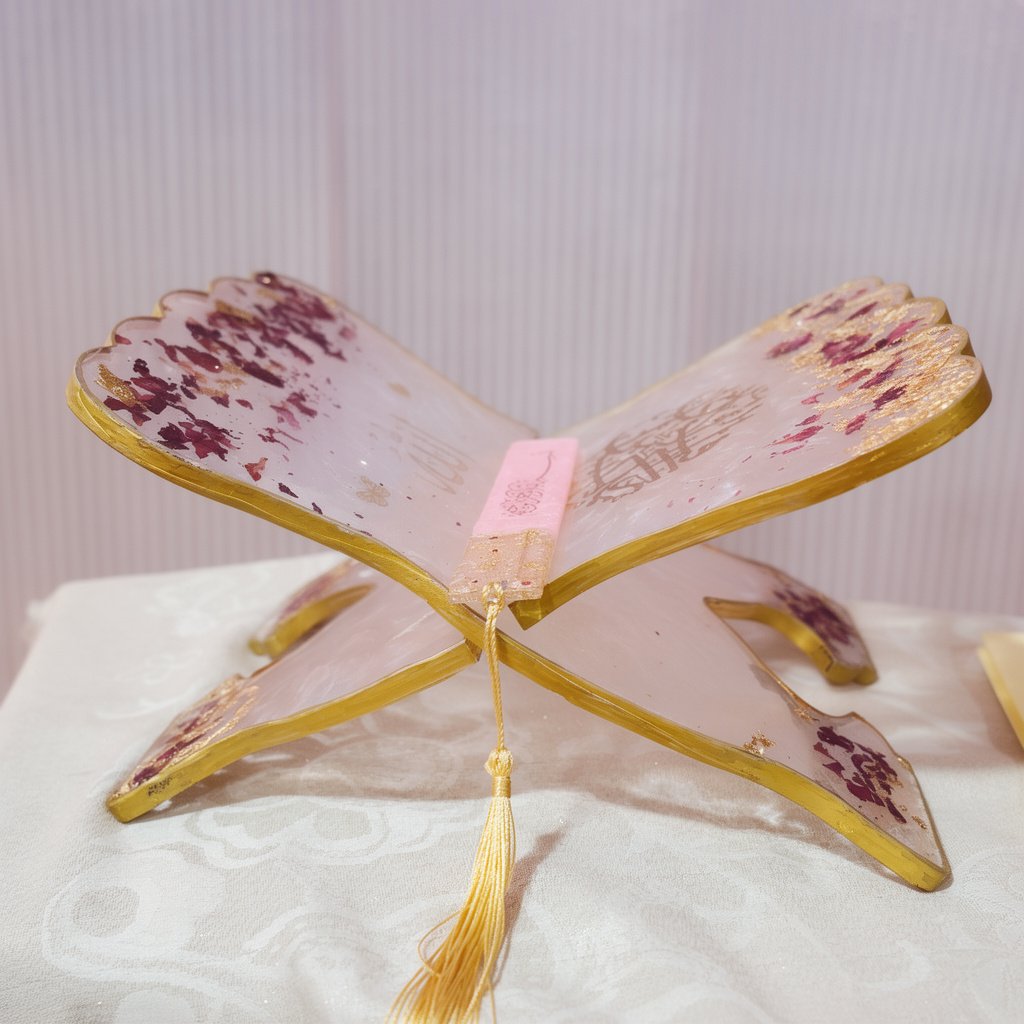 Handmade resin Qur’an stand (rehal) in pink and gold tones with embedded floral elements and gold leaf detailing.