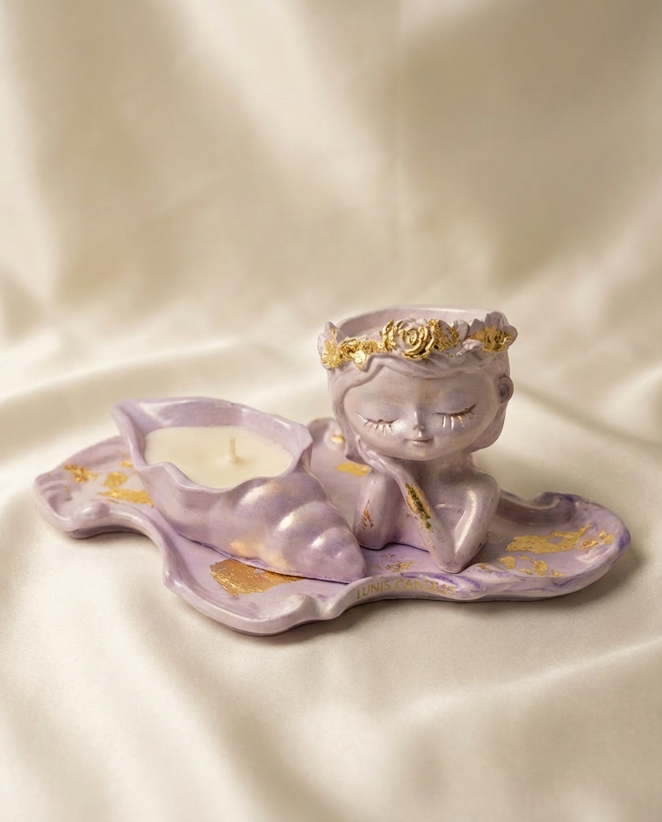 Handcrafted lavender purple concrete candle set featuring a wavy dish and two separate candle holders, all with irregular gold leaf accents.
