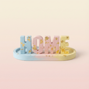 Four concrete block letters spelling 'HOME' in soft pastel colors (blue, pink, yellow, blue), each decorated with gold leaf flakes. The letters are sitting on a matching oblong resin tray.