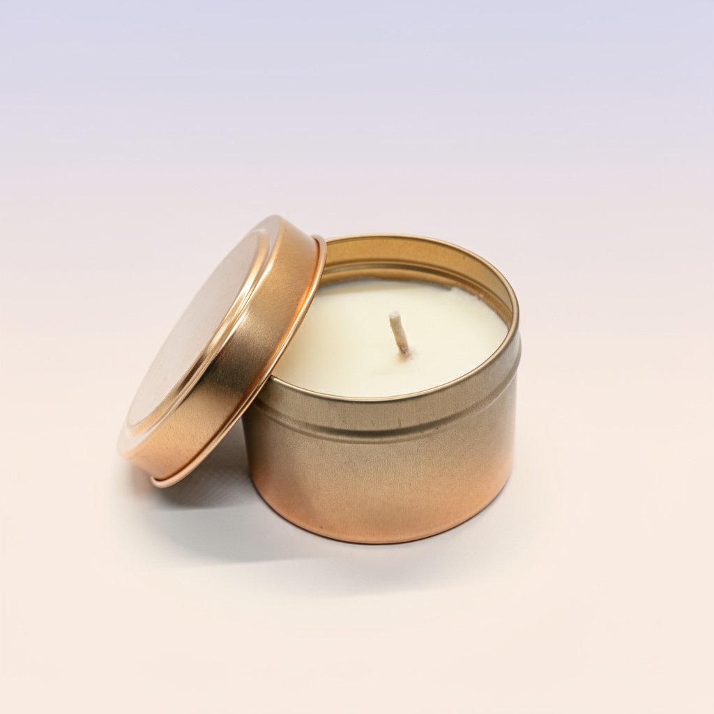 A round, bronze colored metal tin candle. The lid is partially resting on the rim of the tin, revealing a smooth, white wax candle inside with a single centered cotton wick. The tin is set against a plain white or light background.