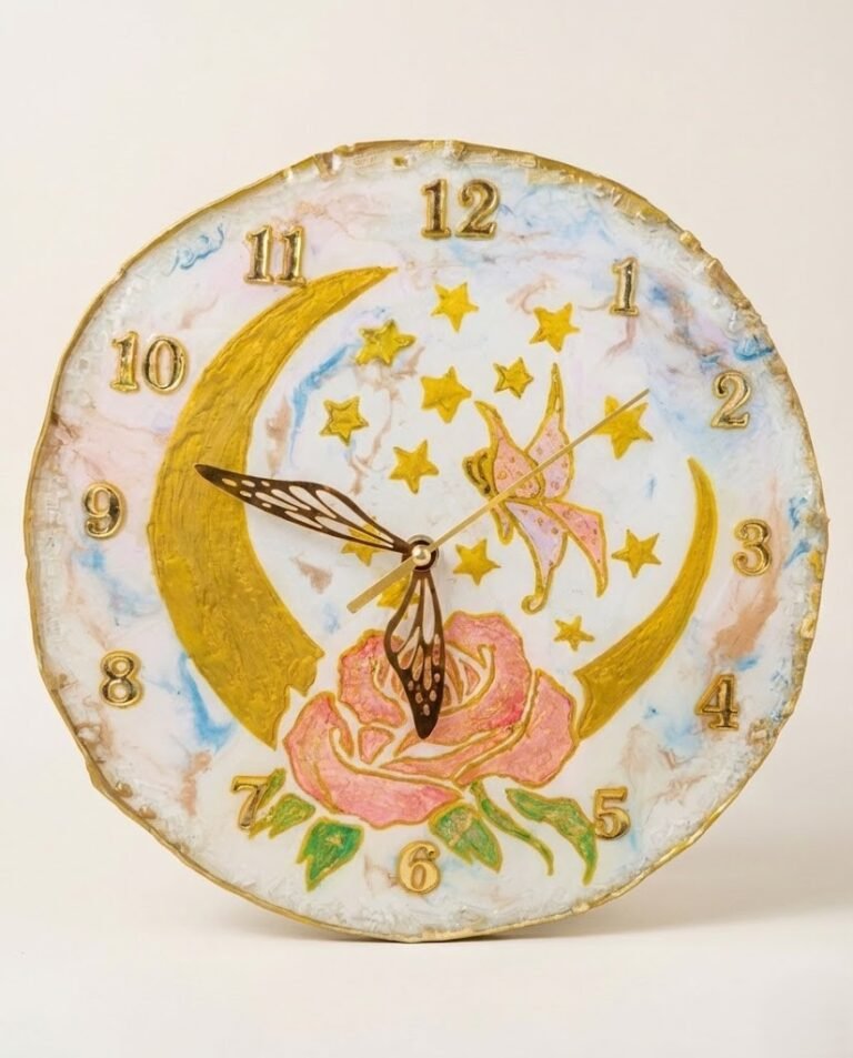 A handmade circular resin wall clock featuring a white, iridescent background with shimmering blue and gold swirls. The design includes a large, metallic gold crescent moon, a central pink and gold rose, a cluster of gold stars, and a butterfly figure.